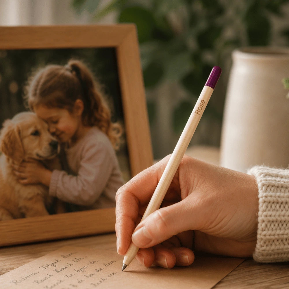 Personne qui écrit une lettre à son chien décédé avec le crayon Hanoria