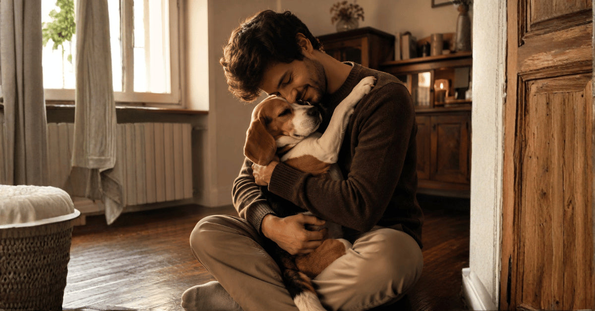 photo d'un homme huereux avec son chien beagle dans un salon chaleureux