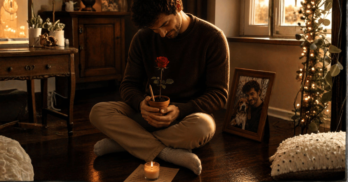 photo d'un homme assis à côté d'un cadre  avec une photo de lui et son chien beagle. Il semble nostalgique et tient un pot avec une rose devant une bougie et une lettre manuscrite.