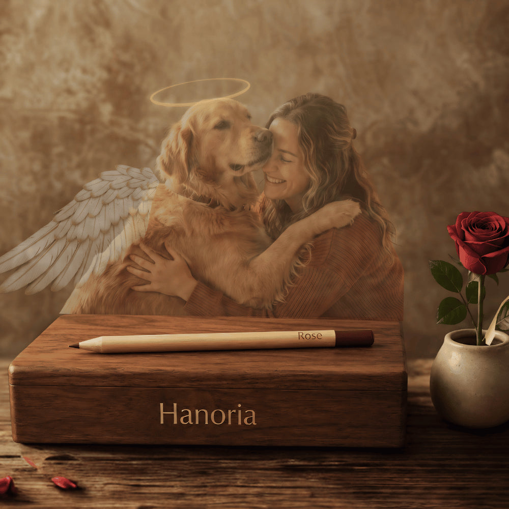 Photo bannière avec un cayon Hanoria posé sur une jolie boîte en bois. Il y a une rose et en arrière plan un chien décédé avec sa maitresse. 