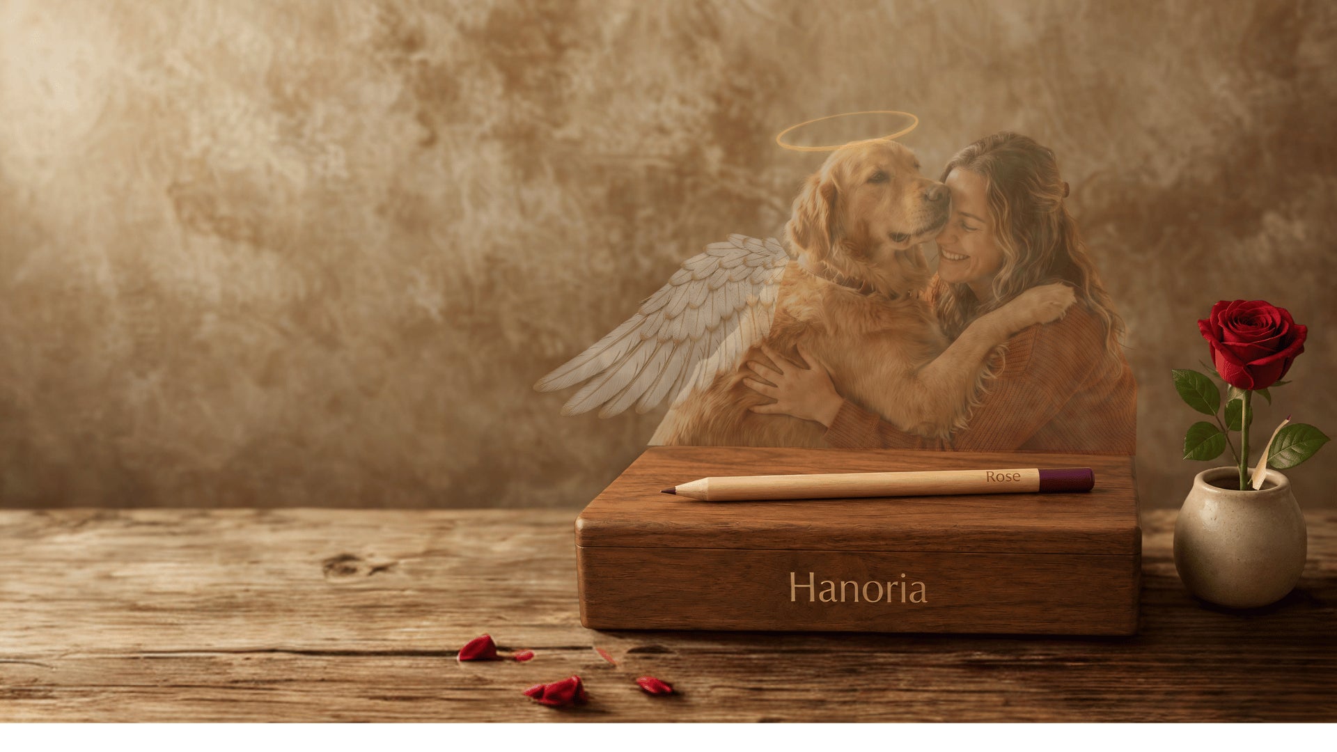 Photo bannière avec un cayon Hanoria posé sur une jolie boîte en bois. Il y a une rose et en arrière plan un chien décédé avec sa maitresse. 