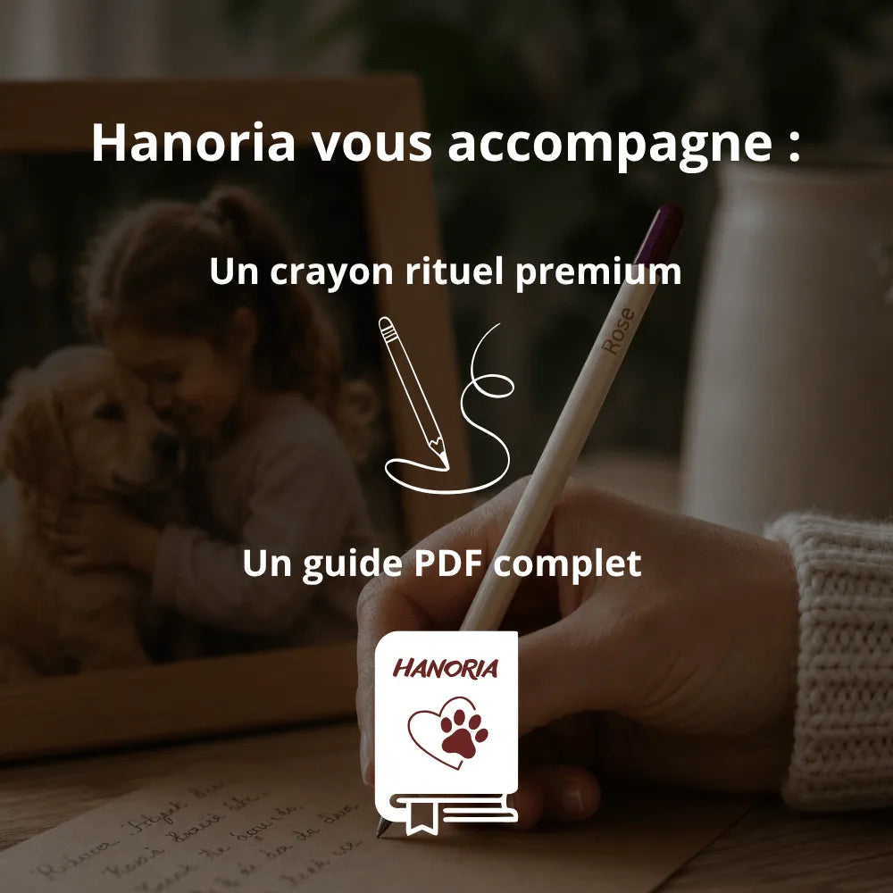 image avec texte : Hanoria vous accompagne, un crayon rituel premium et un guide PDF complet