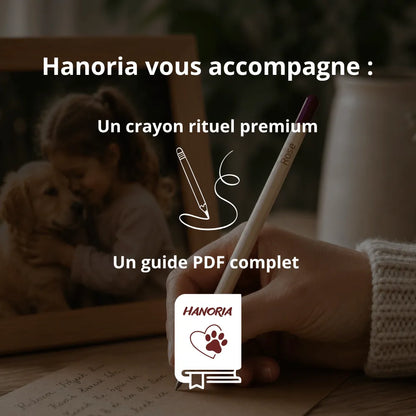 image avec texte : Hanoria vous accompagne, un crayon rituel premium et un guide PDF complet