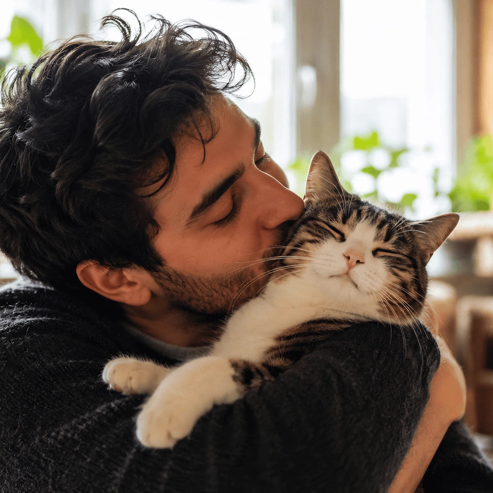 homme joyeux qui fait un bisous à son chat