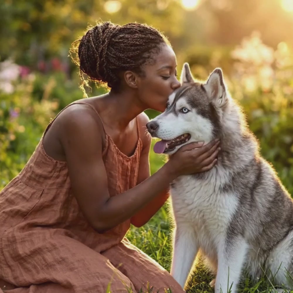 Jeune femme qui fait un bisous à son husky suivi d'un grand sourire